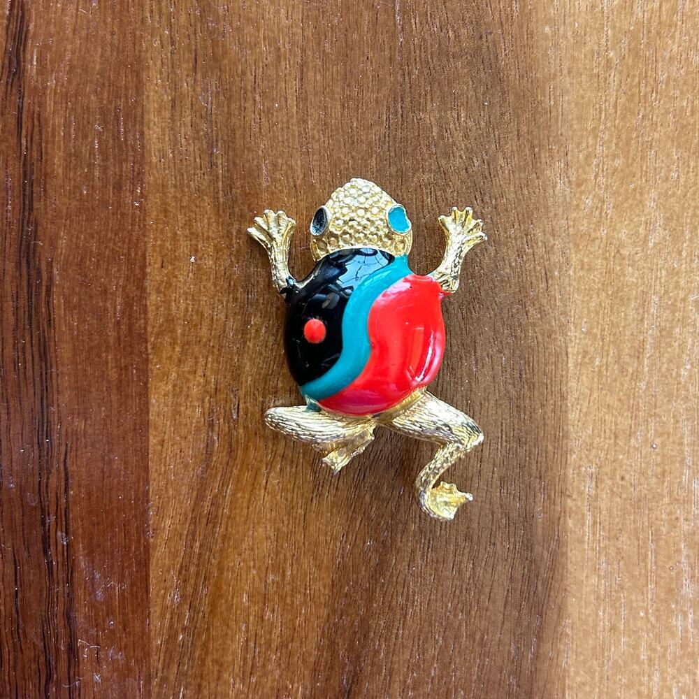 Vintage Enamel Frog Brooch | Gold Tone Multicolor Figural Pin Retro Jewelry